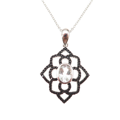 925 Sterling Silver Real Aquamarine Black Spinel Floral Cable Chain Necklace 18"