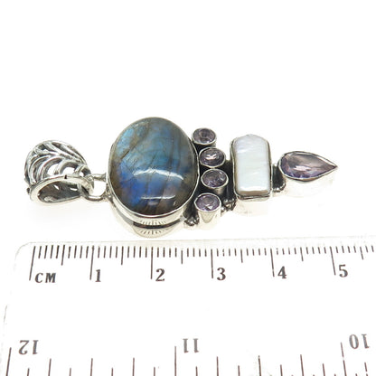 925 Sterling Silver Vintage Real Amethyst Baroque Pearl & Labradorite Pendant