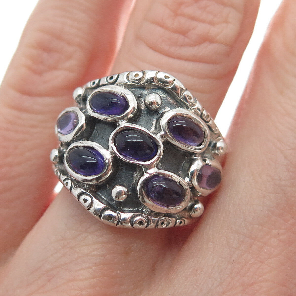 925 Sterling Silver Vintage Real Amethyst Modernist Oxidized Ring Size 7.5