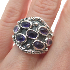 925 Sterling Silver Vintage Real Amethyst Modernist Oxidized Ring Size 7.5