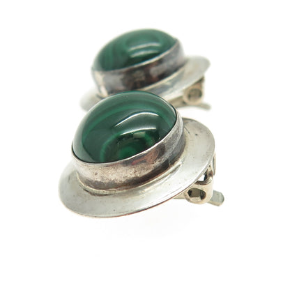 925 Sterling Silver Vintage Real Malachite Gemstone Clip On Earrings