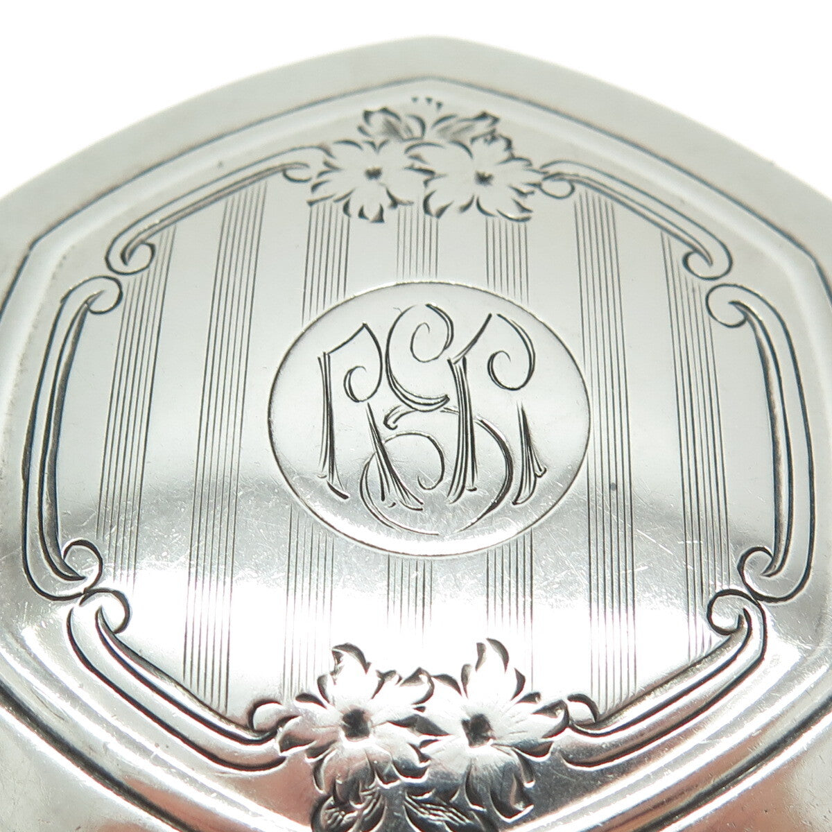 925 Sterling Silver Antique Art Deco Engraved Floral Flask / Jar Cap