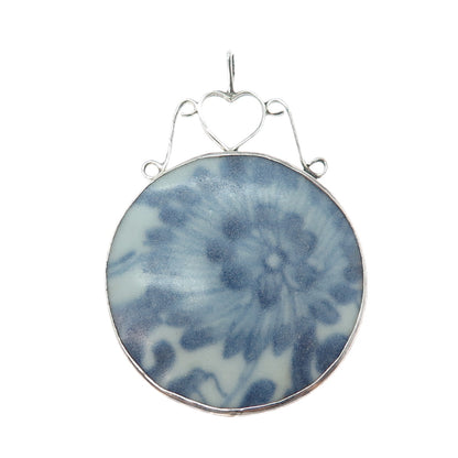 925 Sterling Silver Vintage Modernist Ceramic Flower & Heart Large Pendant