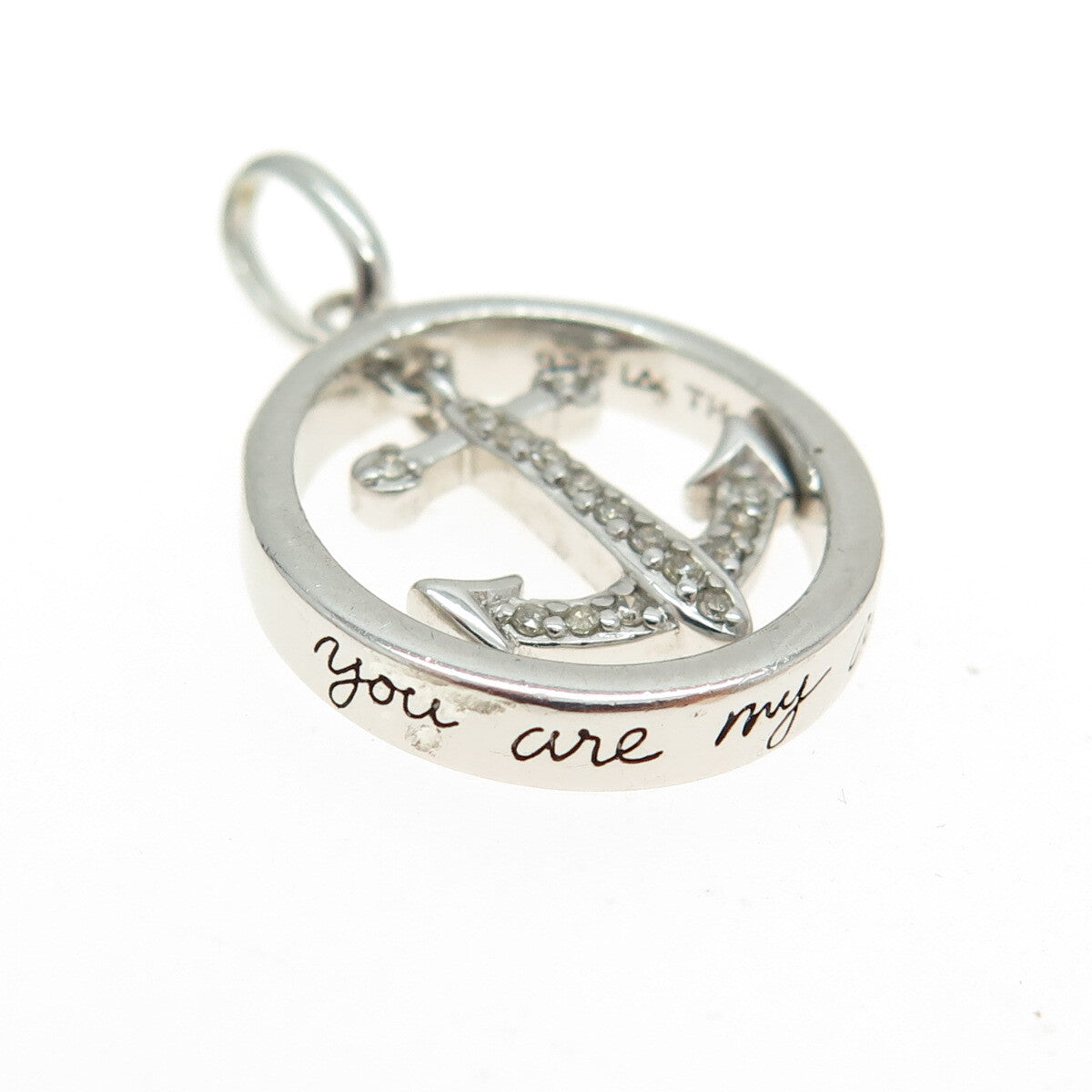 925 Sterling Silver Real Round-Cut Diamond "You Are My Anchor" Pendant