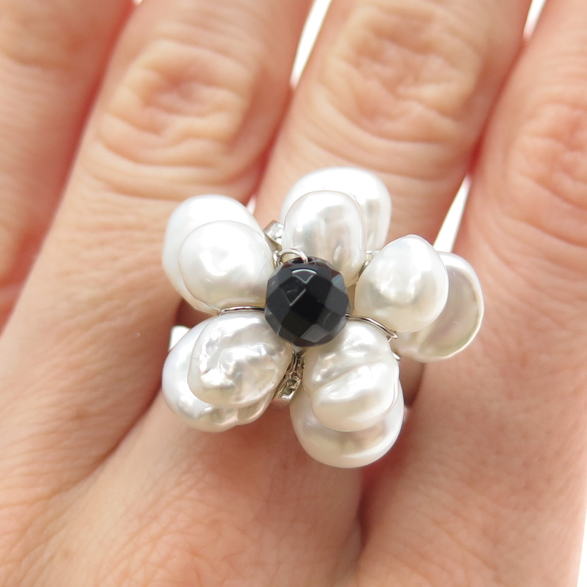 925 Sterling Silver Vintage Real Baroque Pearl Black Onyx Flower Ring Size 9.25