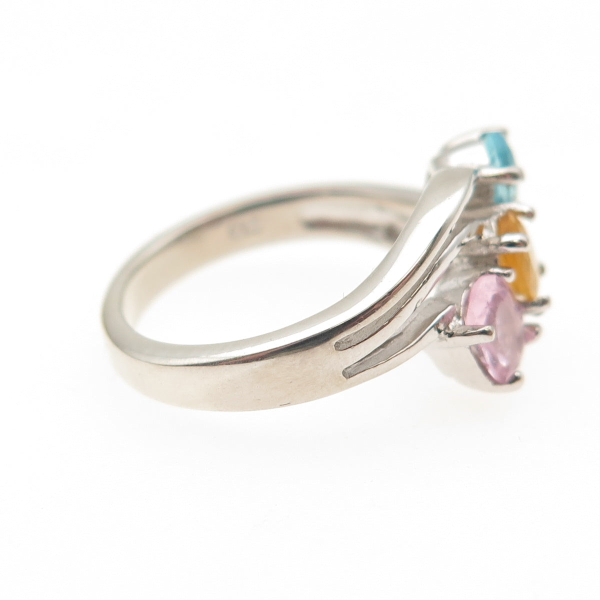 925 Sterling Silver Vintage Real Blue Topaz Pink Amethyst & Citrine Ring Size 6