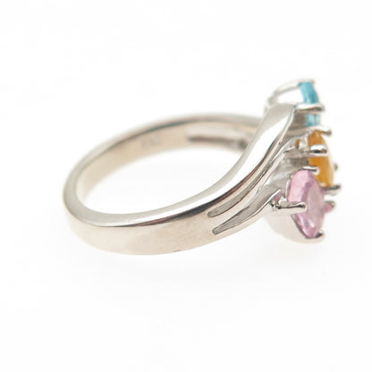 925 Sterling Silver Vintage Real Blue Topaz Pink Amethyst & Citrine Ring Size 6