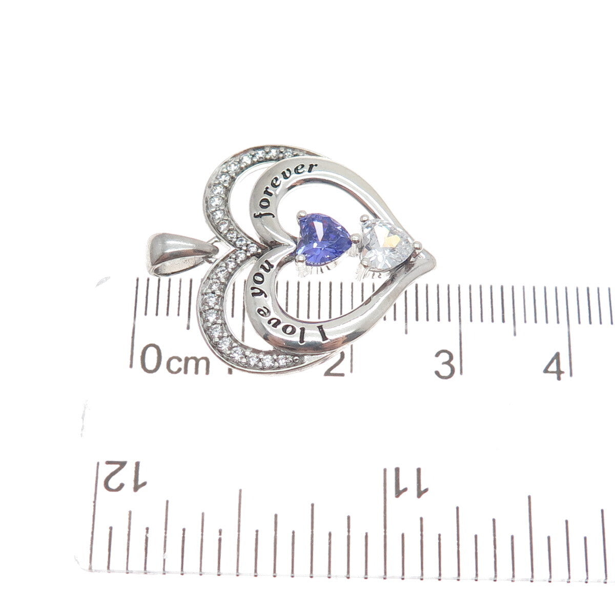 925 Sterling Silver Blue & White C Z "I Love You Forever" Heart Charm Pendant
