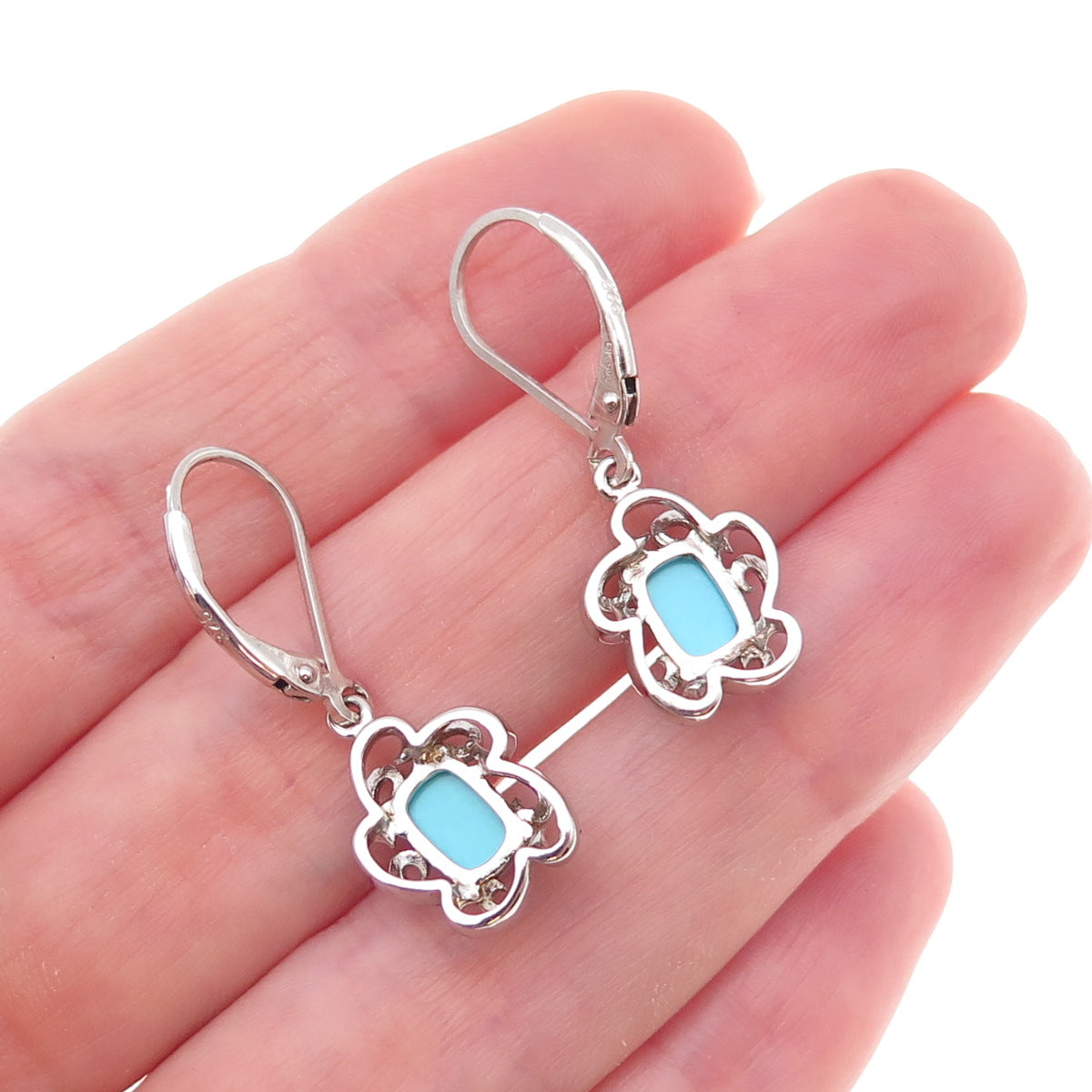 925 Sterling Silver Real Sleeping Beauty Turquoise Floral Dangle Earrings