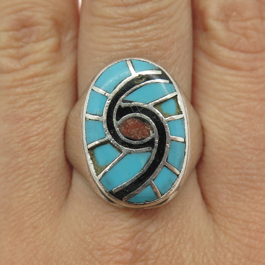 Old Pawn 925 Sterling Silver Vintage Turquoise Onyx & Coral Inlay Ring Size 11.5