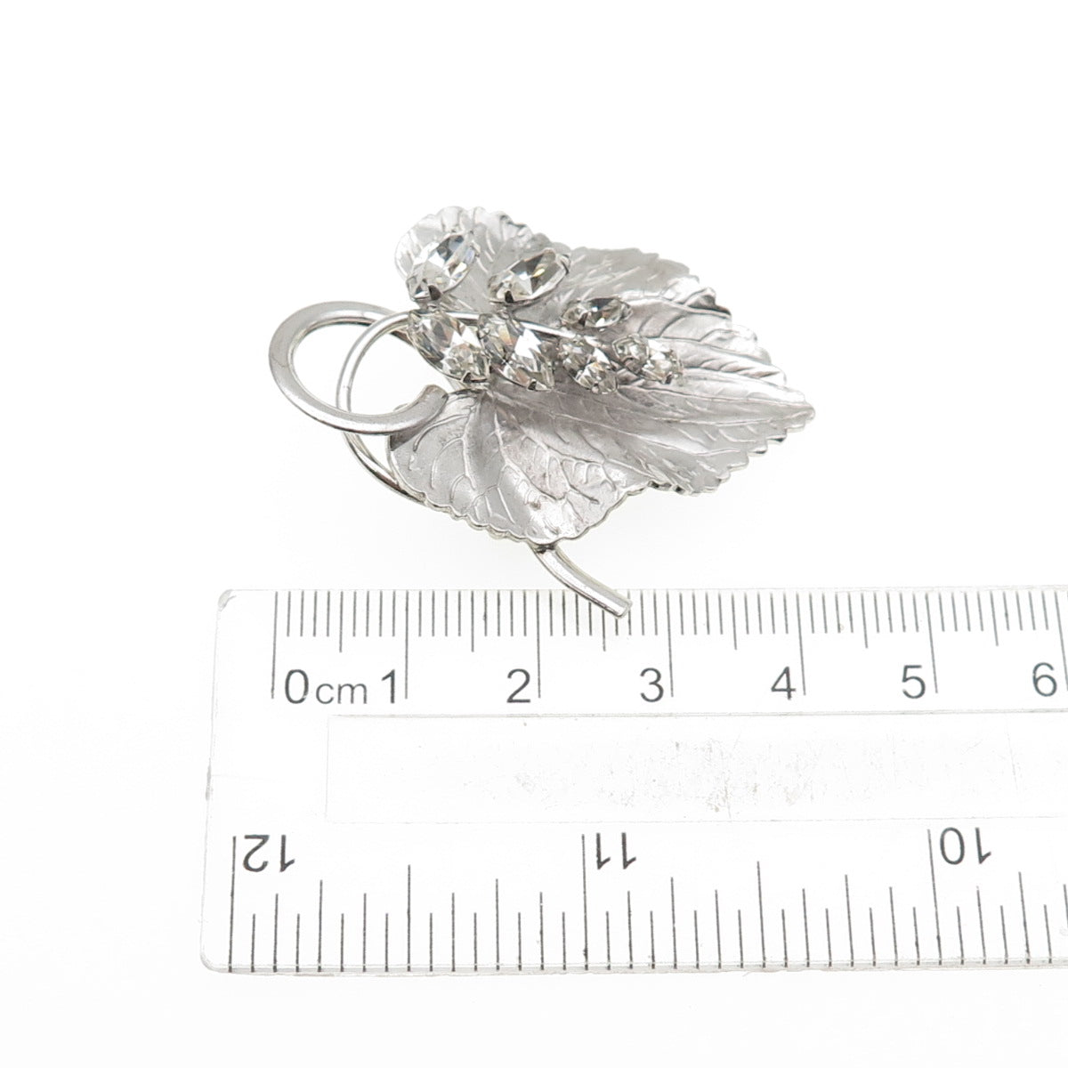 CARL ART 925 Sterling Silver Antique Art Deco Rhinestone Floral Leaf Pin Brooch