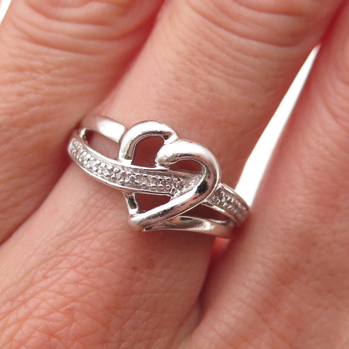 925 Sterling Silver Real Round-Cut Diamond Heart Ring Size 7