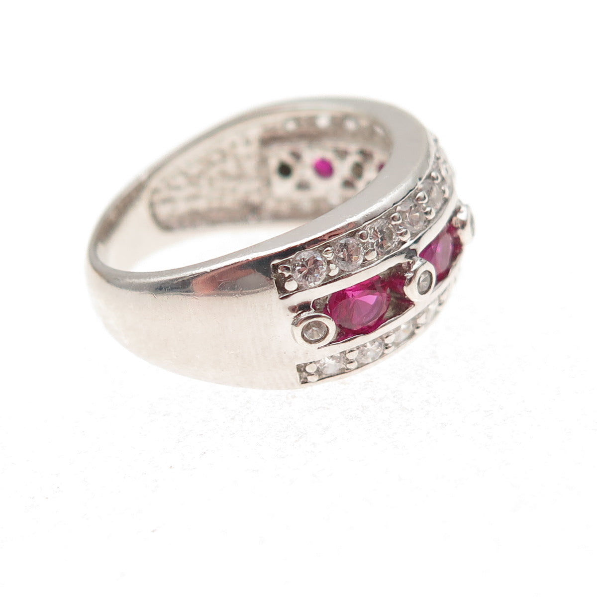 925 Sterling Silver Round-Cut Lab-Created Ruby & C Z Ring Size 5.25
