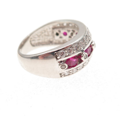 925 Sterling Silver Round-Cut Lab-Created Ruby & C Z Ring Size 5.25