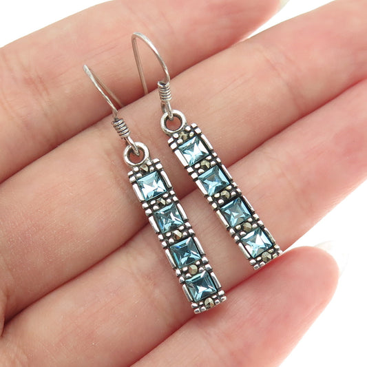 925 Sterling Silver Vintage Real Marcasite Blue Rhinestone Bar Dangling Earrings