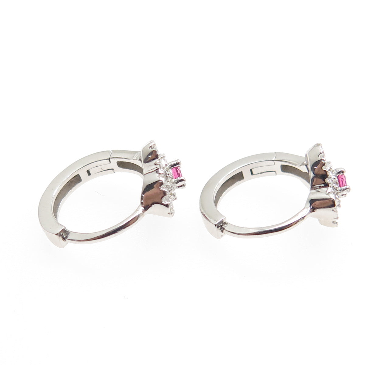 925 Sterling Silver Pink & White Round-Cut Shaped C Z Cross Hoop Earrings