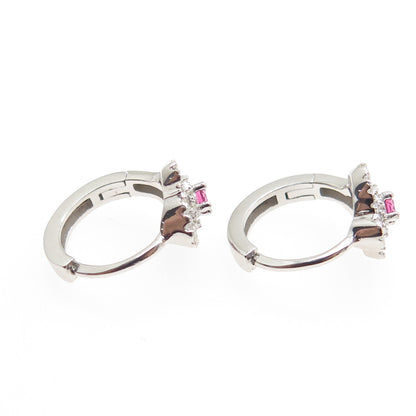 925 Sterling Silver Pink & White Round-Cut Shaped C Z Cross Hoop Earrings