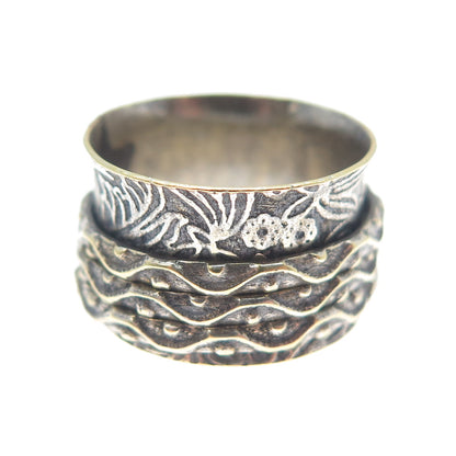 925 Sterling Silver 2-Tone Vintage Oxidized Rotating Wide Band Ring Size 5.5
