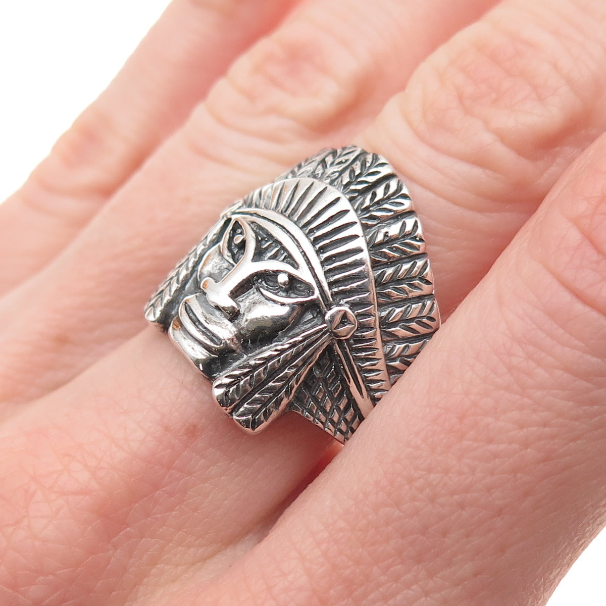 925 Sterling Silver Vintage Southwestern Indian Chief Oxidized Ring Size 8.75