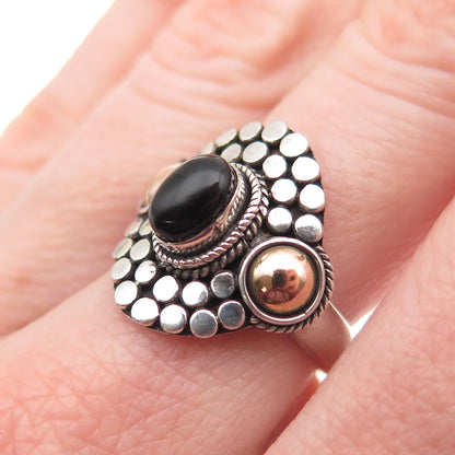 925 Sterling Silver 2-Tone Vintage Real Black Onyx Dotted Oxidized Ring Size 7