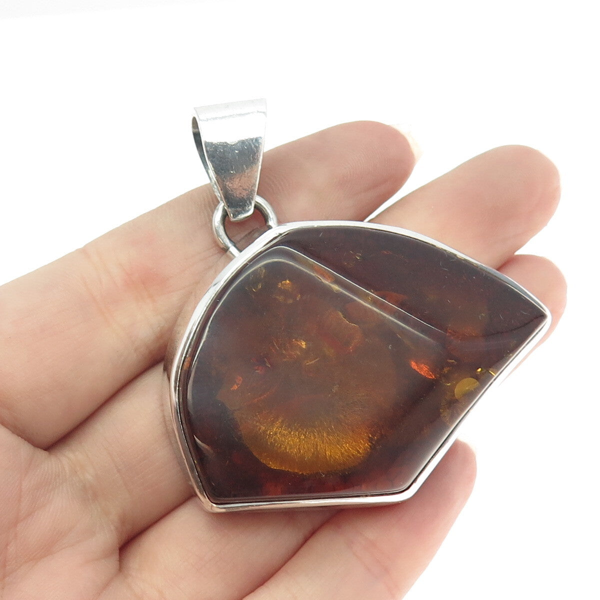 925 Sterling Silver Vintage Real Amber Modernist Pendant