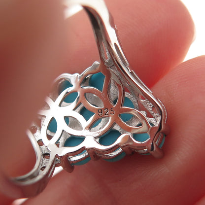925 Sterling 2-Tone Real Sleeping Beauty Turquoise & White Topaz Ring Size 7.25