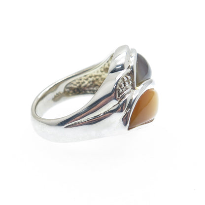 925 Sterling Silver Vintage WW Hong Kong Real MOP & Abalone Shell Ring Size 5.25