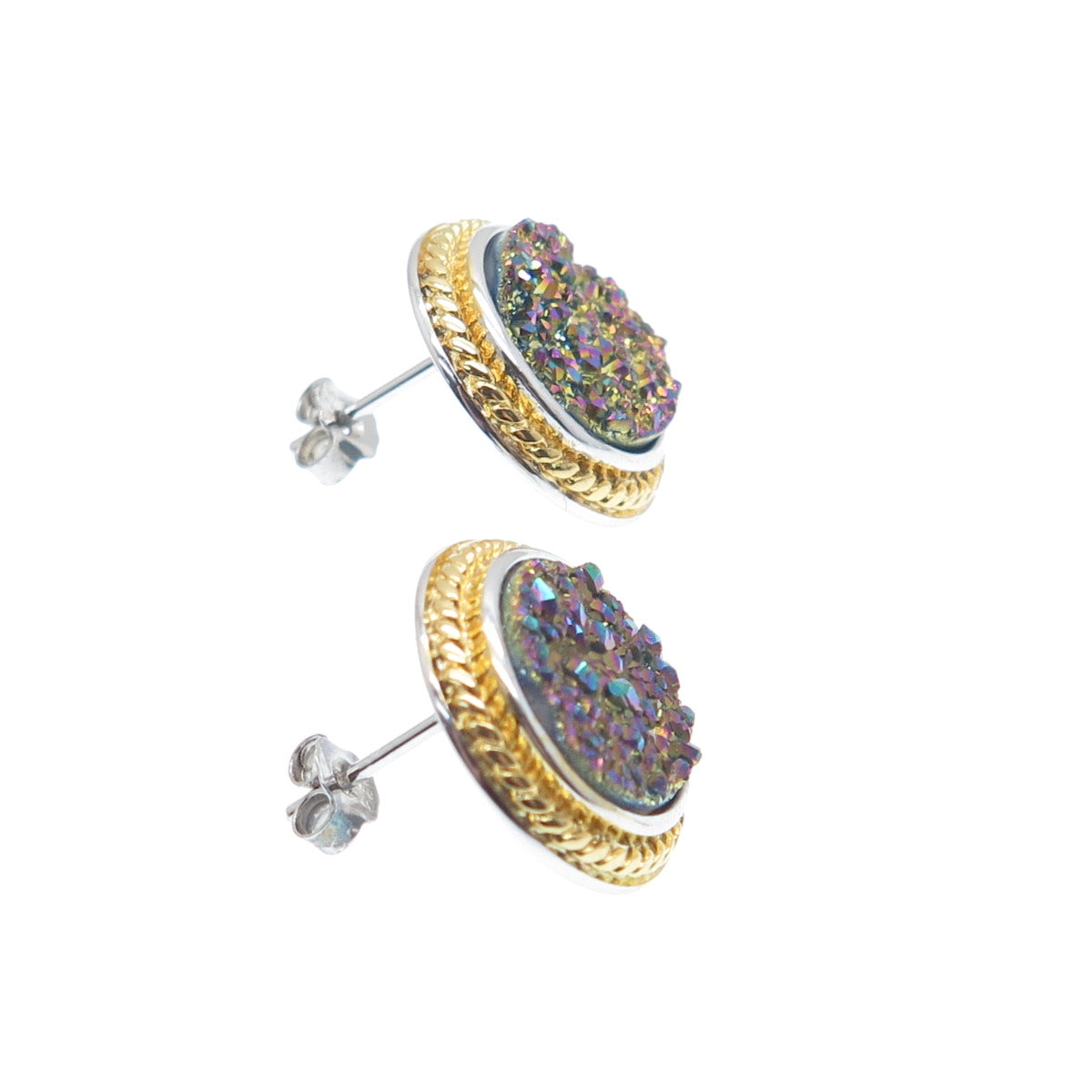 925 Sterling Silver 2-Tone Real Rainbow Druzy Round Earrings