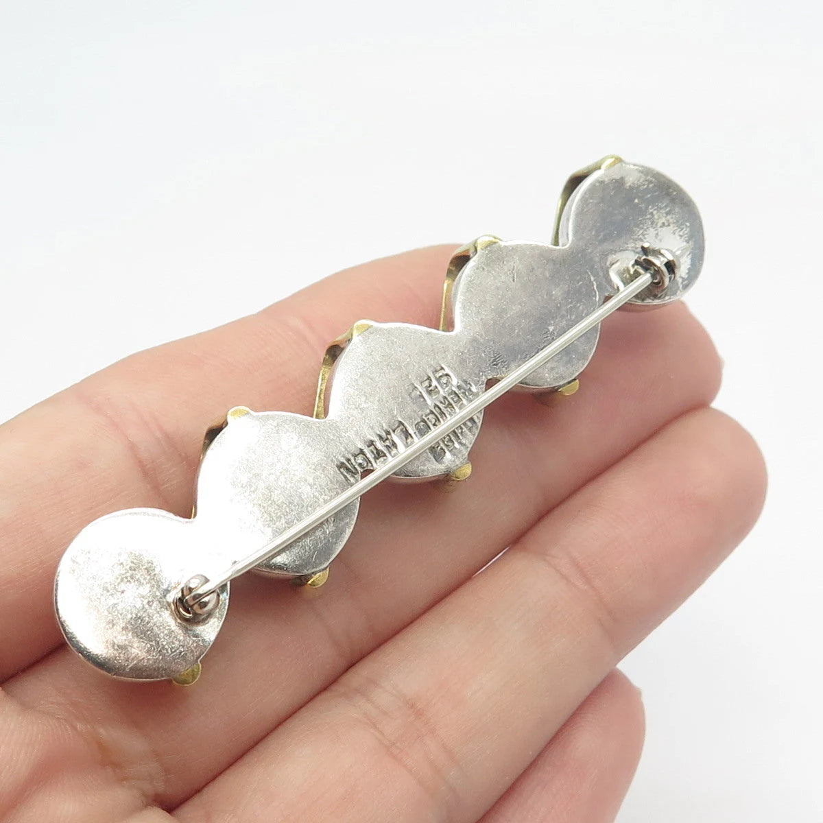 925 Sterling Silver 2-Tone Vintage Mexico Bar & Bead Pin Brooch