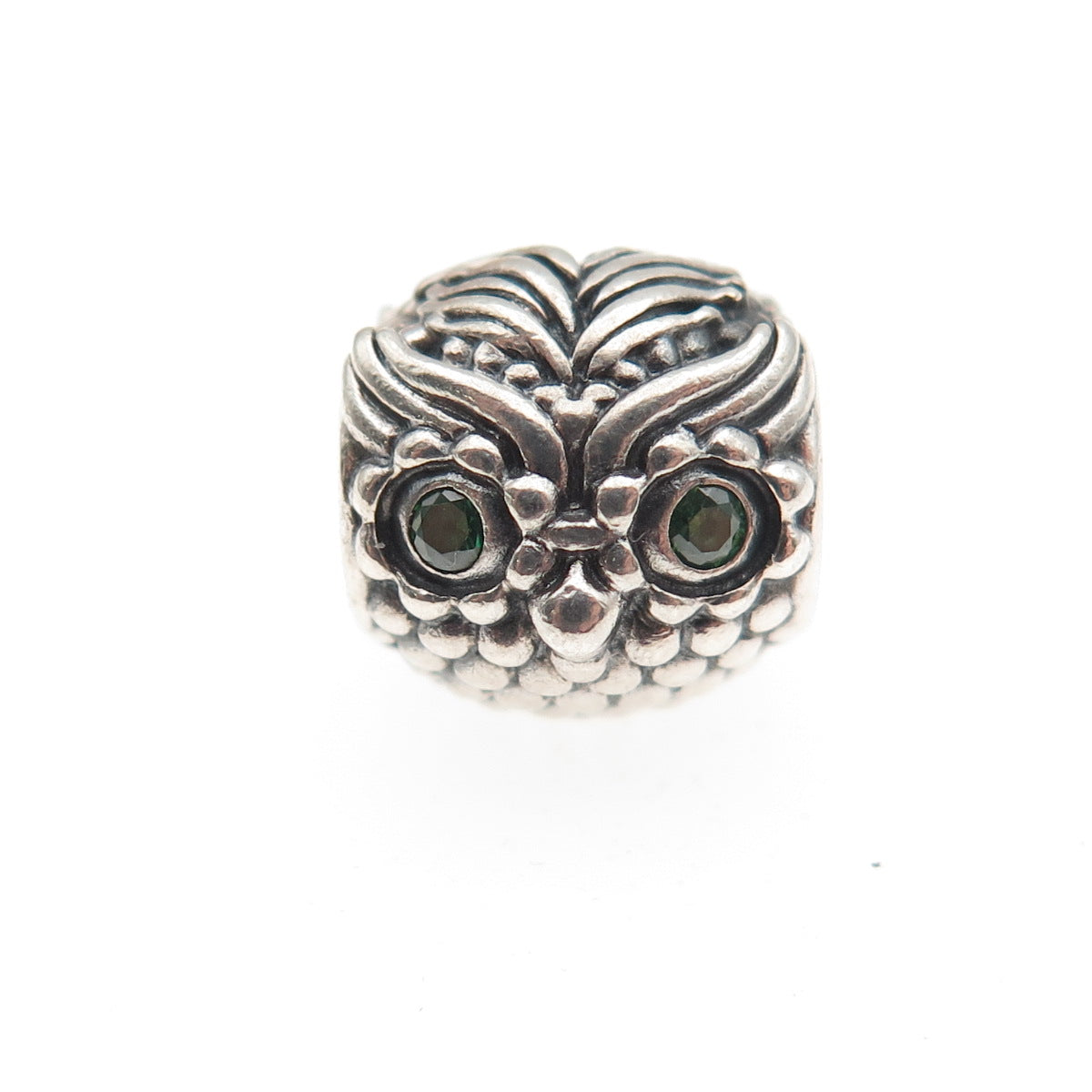 PANDORA 925 Sterling Silver Green C Z Wise Owl Slide Bead Charm