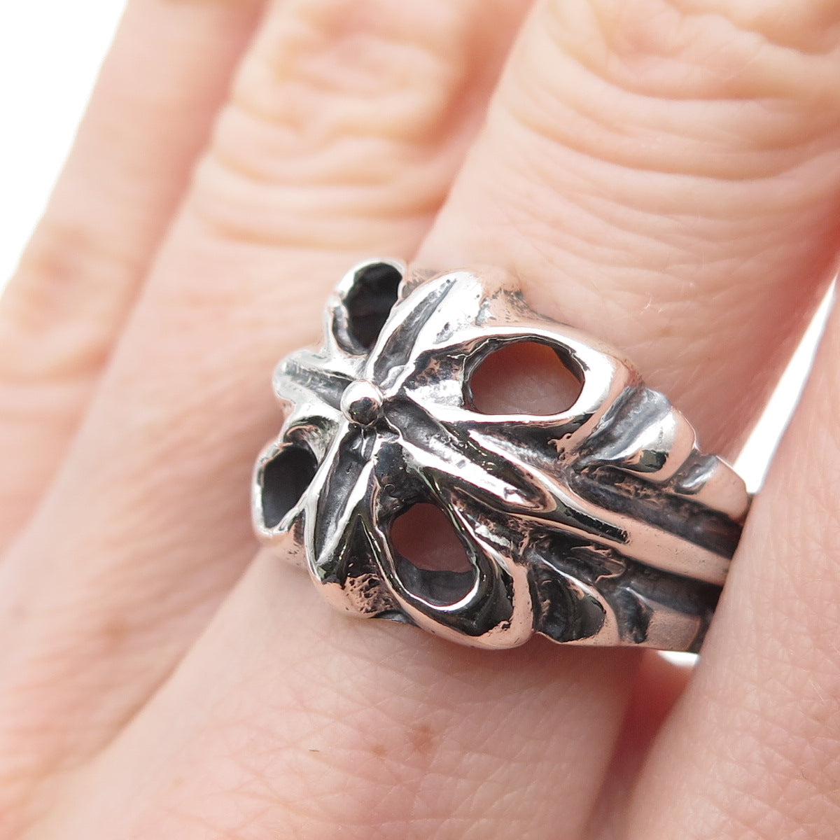925 Sterling Silver Vintage Modernist Cross Oxidized Ring Size 9.75
