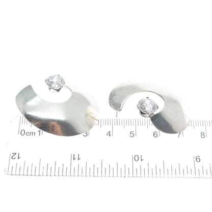 925 Sterling Silver Vintage Round-Cut Shaped C Z Crescent Moon Earrings