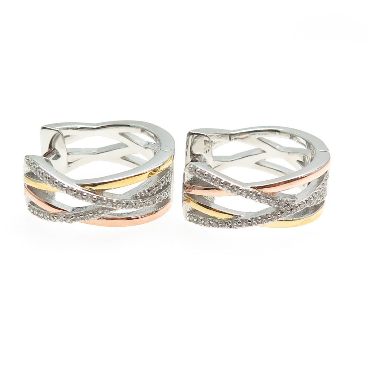 HAN 925 Sterling Silver 3-Tone Round-Cut C Z Crisscross Hoop Earrings