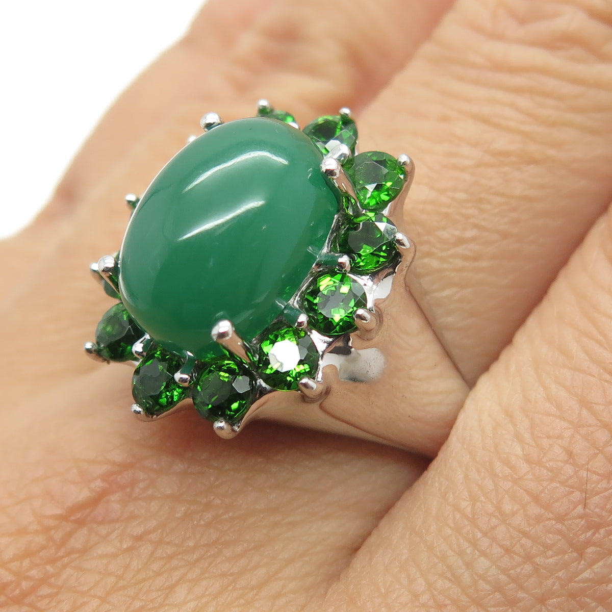 925 Sterling Silver Real Cabochon Jade & Round-Cut Peridot Ring Size 11