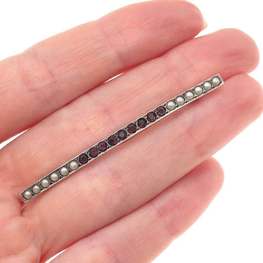 925 Sterling Silver Antique Art Deco Faux Pearl & Rhinestone Bar Pin Brooch