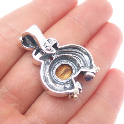 14K Gold 925 Sterling Silver Vintage Real Citrine & Amethyst Modernist Pendant