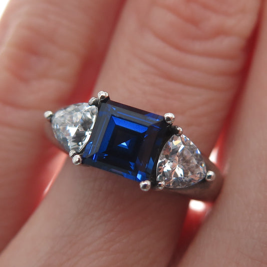 925 Sterling Silver Lab-Created Asscher-Cut Sapphire & C Z Ring Size 6