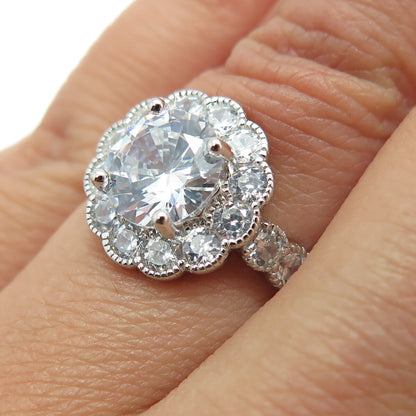 925 Sterling Silver Round-Cut C Z Floral Ring Size 5