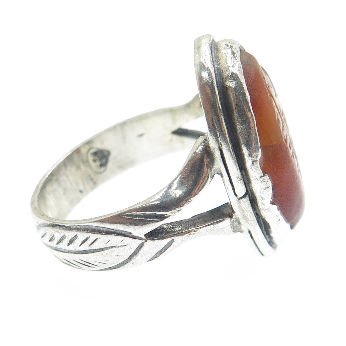 925 Sterling Silver Vintage Real Carved Agate Arabic Script Ring Size 11.75