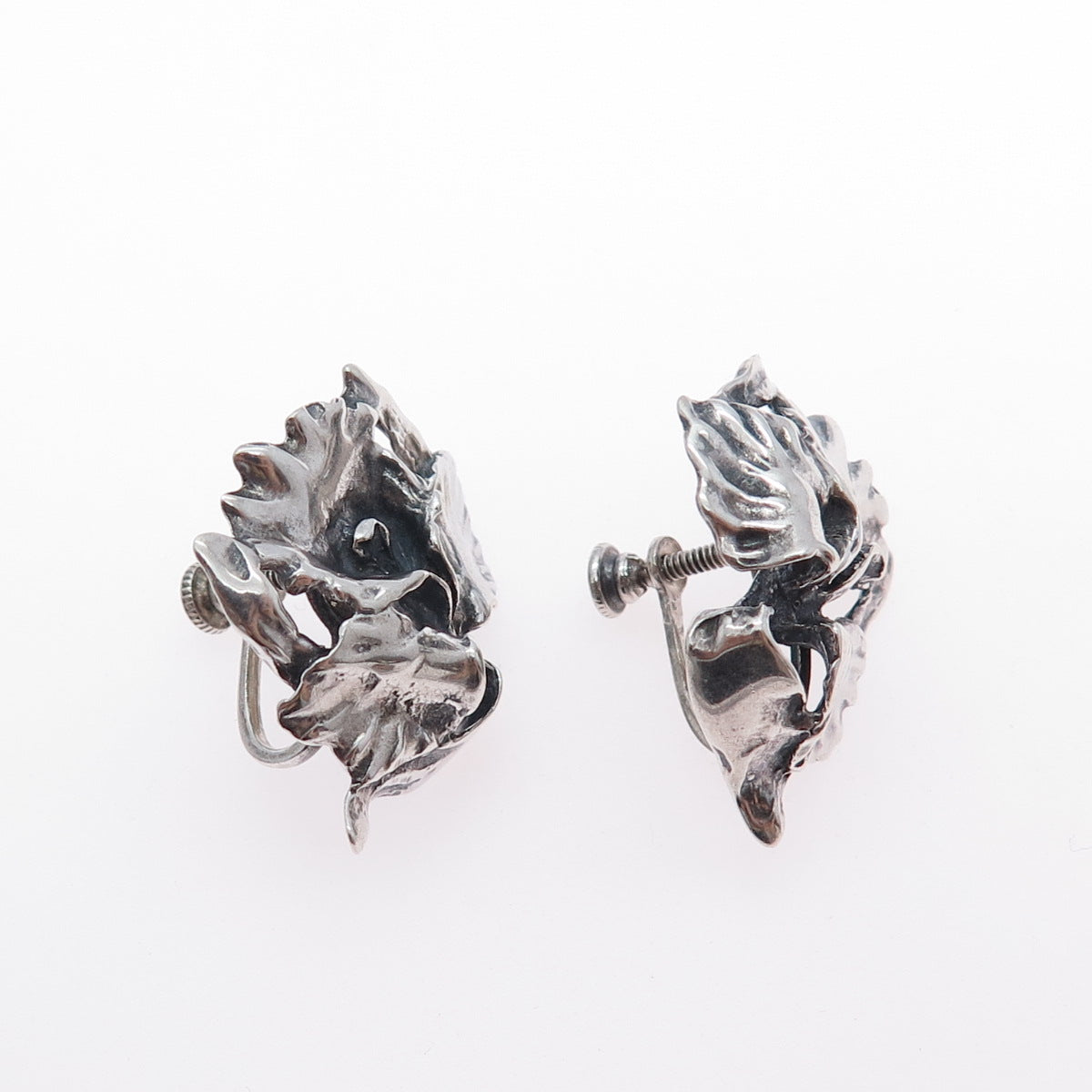 925 Sterling Silver Vintage Calla Lily Flower Oxidized Screw Back Earrings