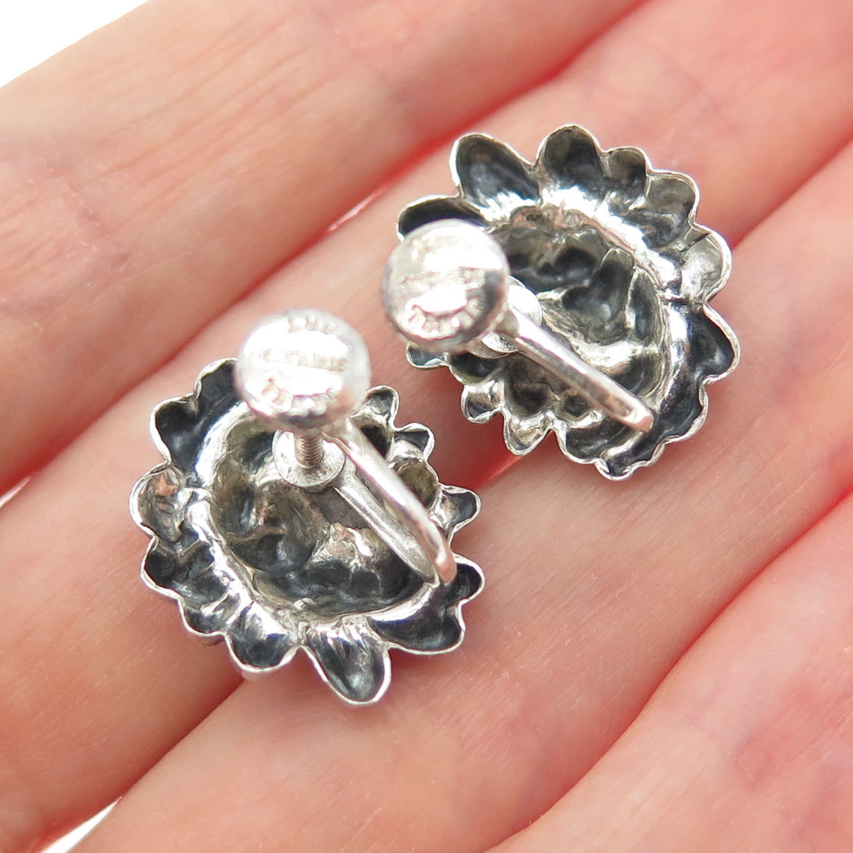 JEWELART Sterling Silver Antique Art Deco Flower Oxidized Screw Back Earrings