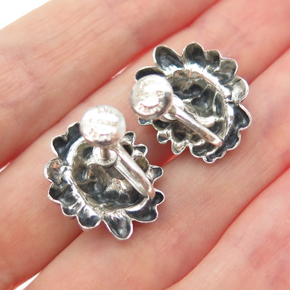 JEWELART Sterling Silver Antique Art Deco Flower Oxidized Screw Back Earrings
