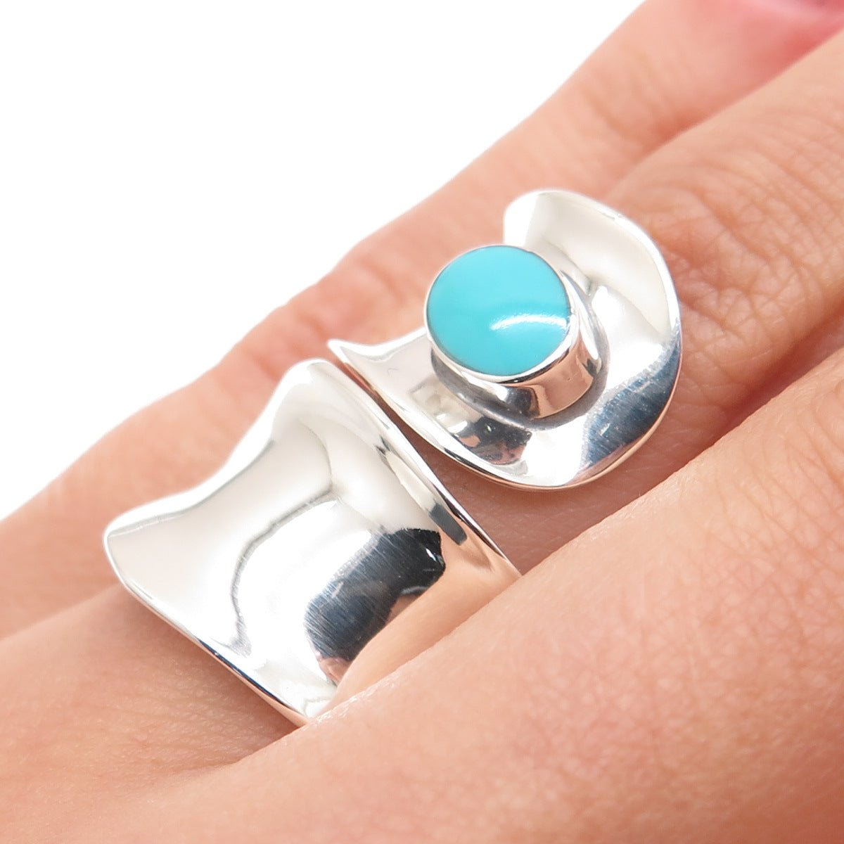 925 Sterling Silver Vintage HOB Mexico Real Turquoise Adjustable Ring Size 5.75