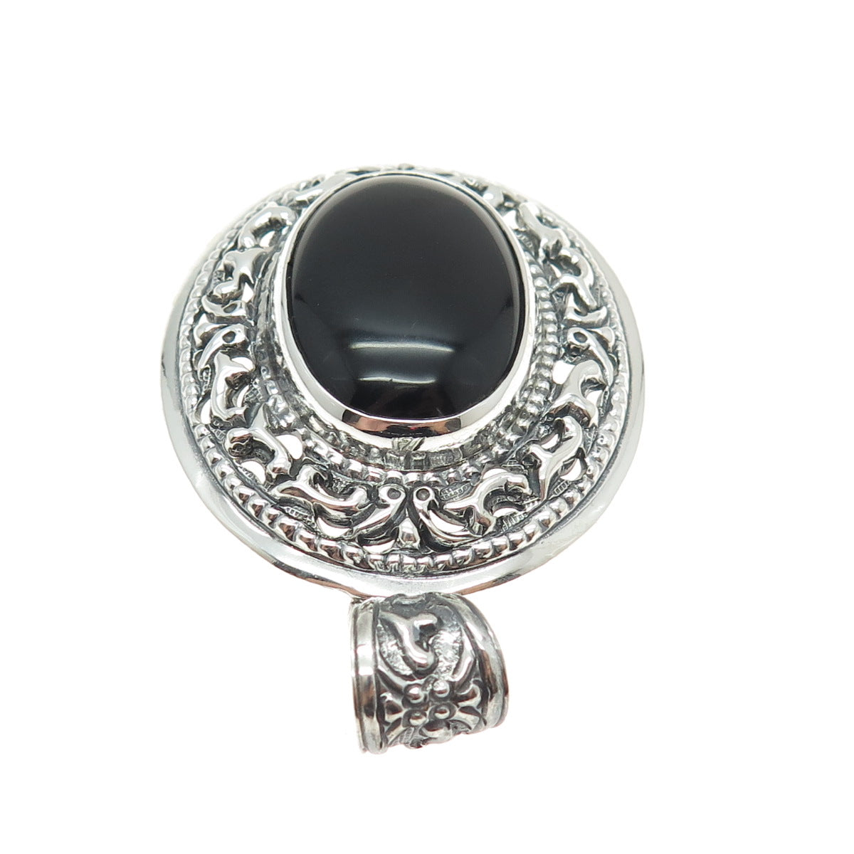 925 Sterling Silver Vintage Real Black Onyx Gemstone Ornate Pendant