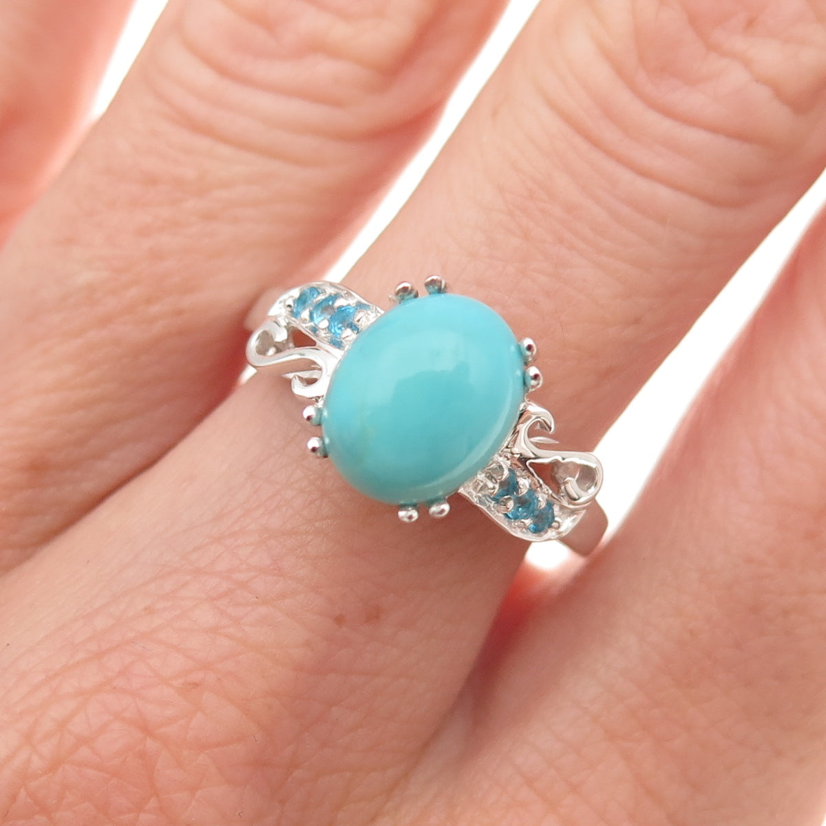 925 Sterling Silver Real Sleeping Beauty Turquoise & Apatite Ring Size 8