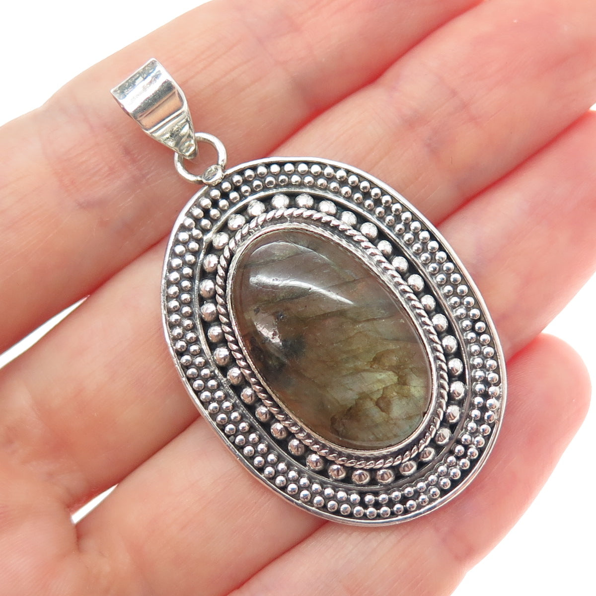 925 Sterling Silver Vintage Real Labradorite Beaded Oxidized Charm Pendant