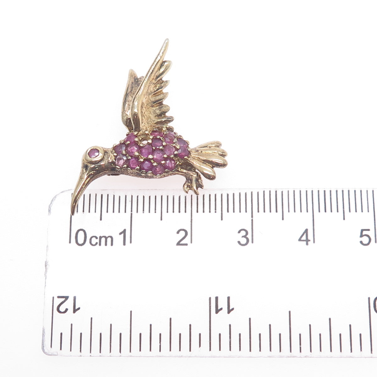 925 Sterling Gold Plated Vintage Real Ruby Hummingbird Brooch (missing 1 stone)