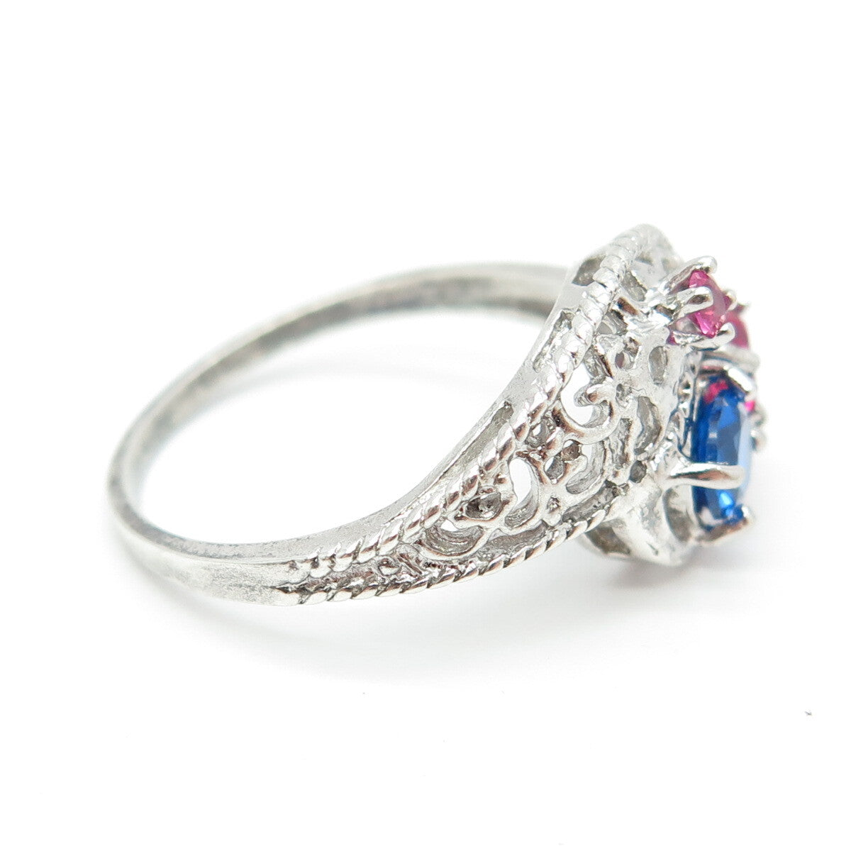 925 Sterling Silver Vintage Lab-Created Pink Sapphire & Blue C Z Ring Size 9