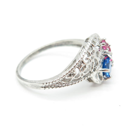 925 Sterling Silver Vintage Lab-Created Pink Sapphire & Blue C Z Ring Size 9