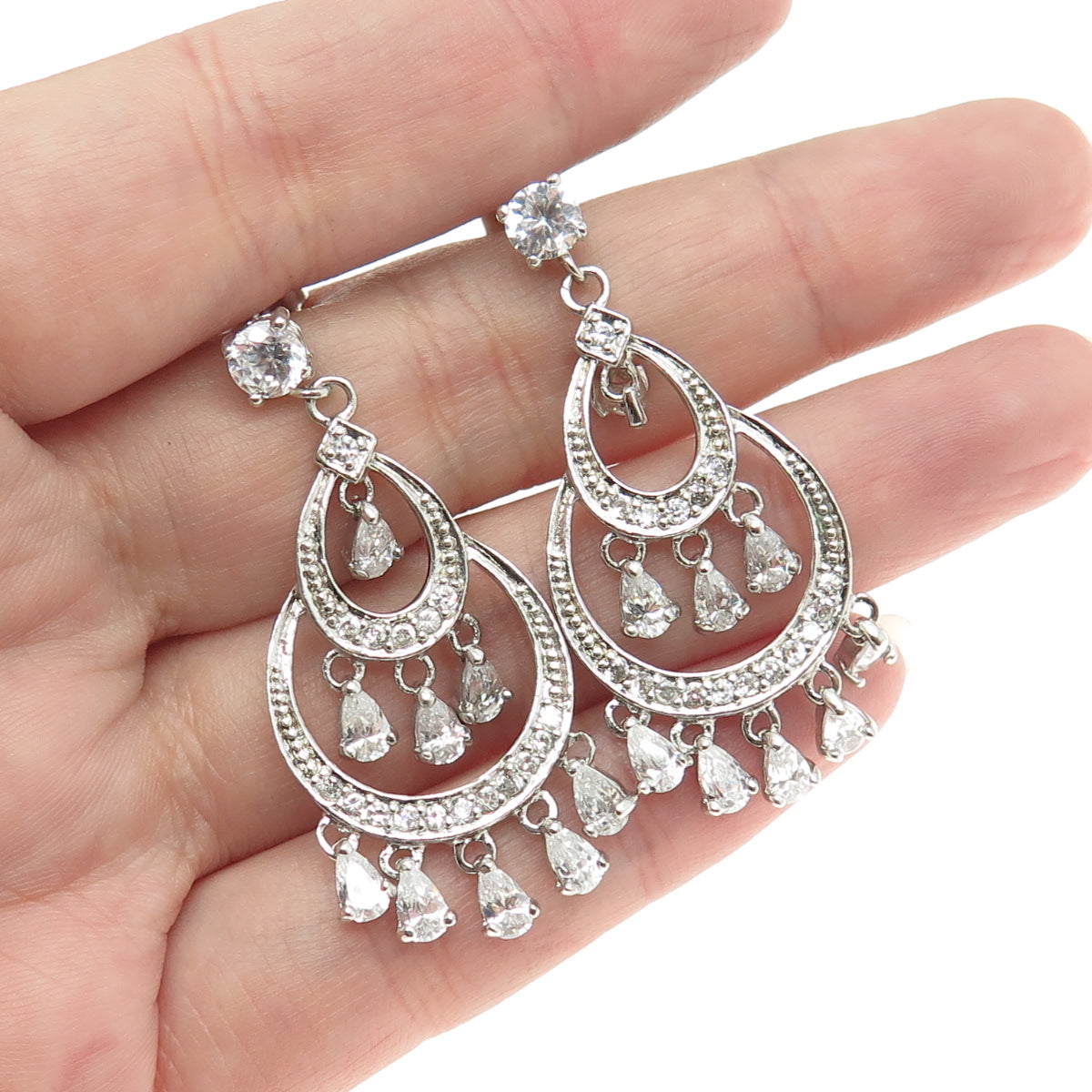 925 Sterling Silver Round-Cut & Pear-Cut Shaped C Z Chandelier Earrings